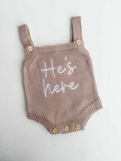 Petite + Co ‘He’s Here’ Classic Teddy Brown Singlet Romper