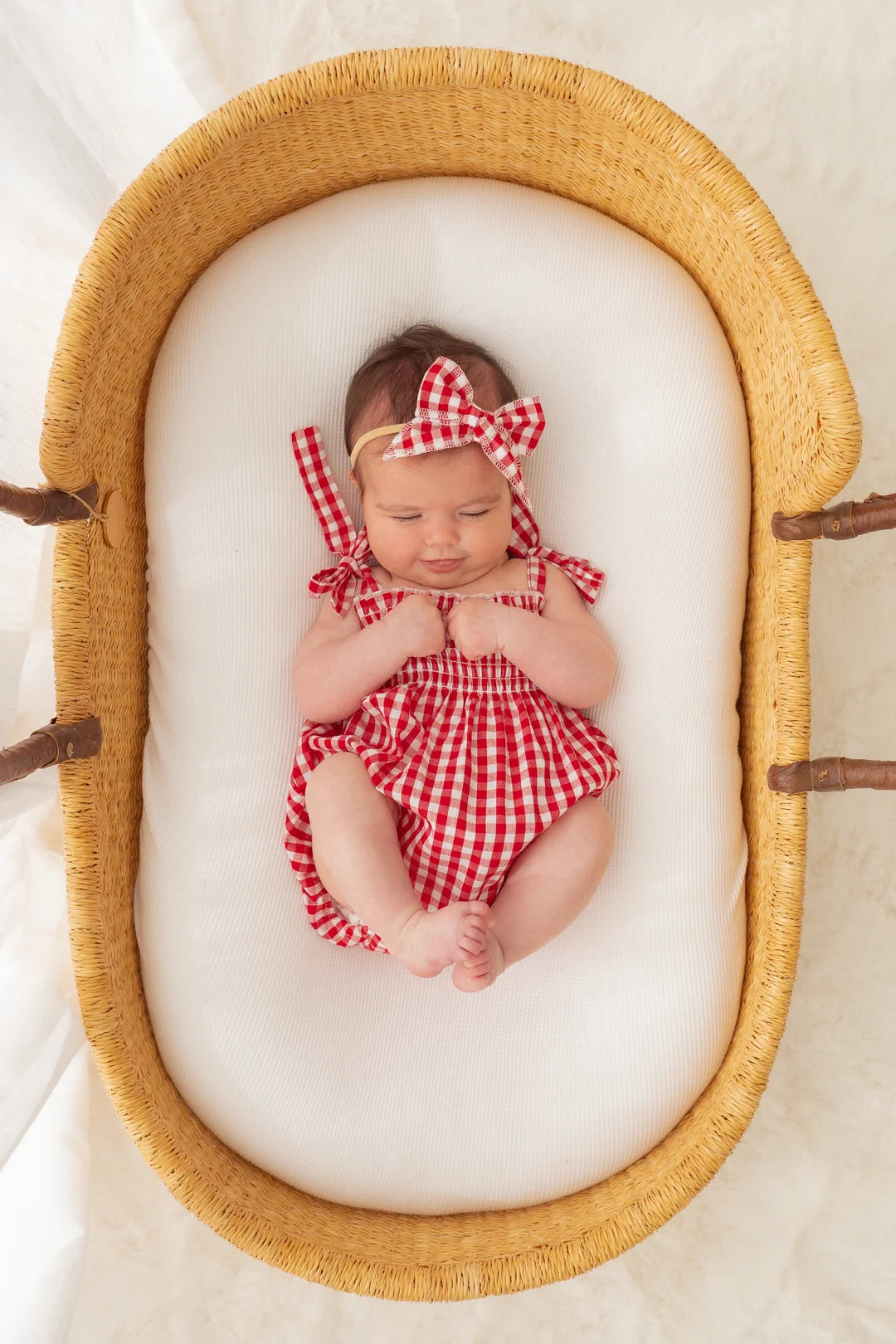 Little & Fern Tie Bubble Romper Red Gingham PRE-ORDER
