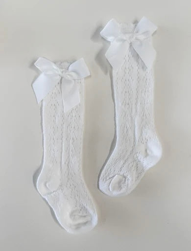 Petite + Co Spanish Openwork Lace Knee High Bow Socks White