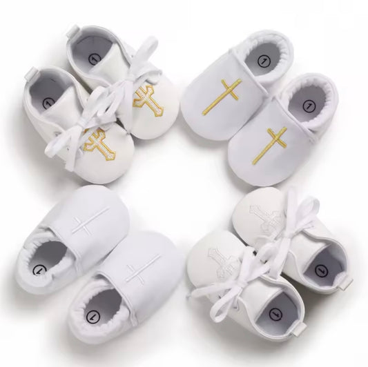 White Christening Baptism Shoes White Cross