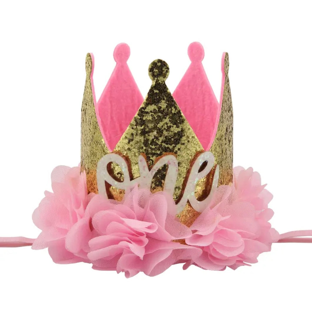1st Birthday Crown Hat Pink & Gold