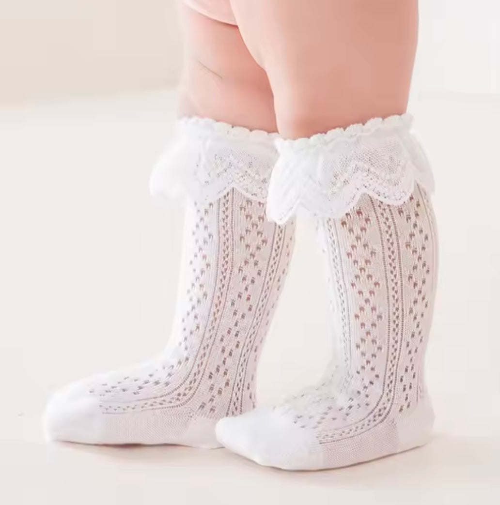 Lace Top Knee High Cotton Socks White