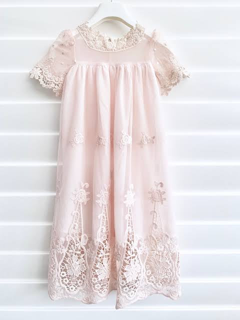 Miss Rose Sister Violet Heirloom Cherub Lace Baby Dress Blush