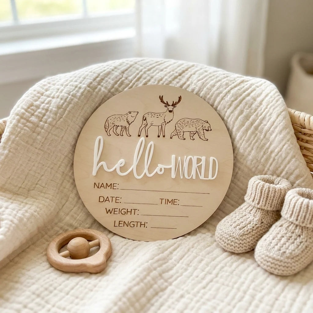 Timber Tinkers ‘Hello World’ Woodland Animals Birth Announcement Disc