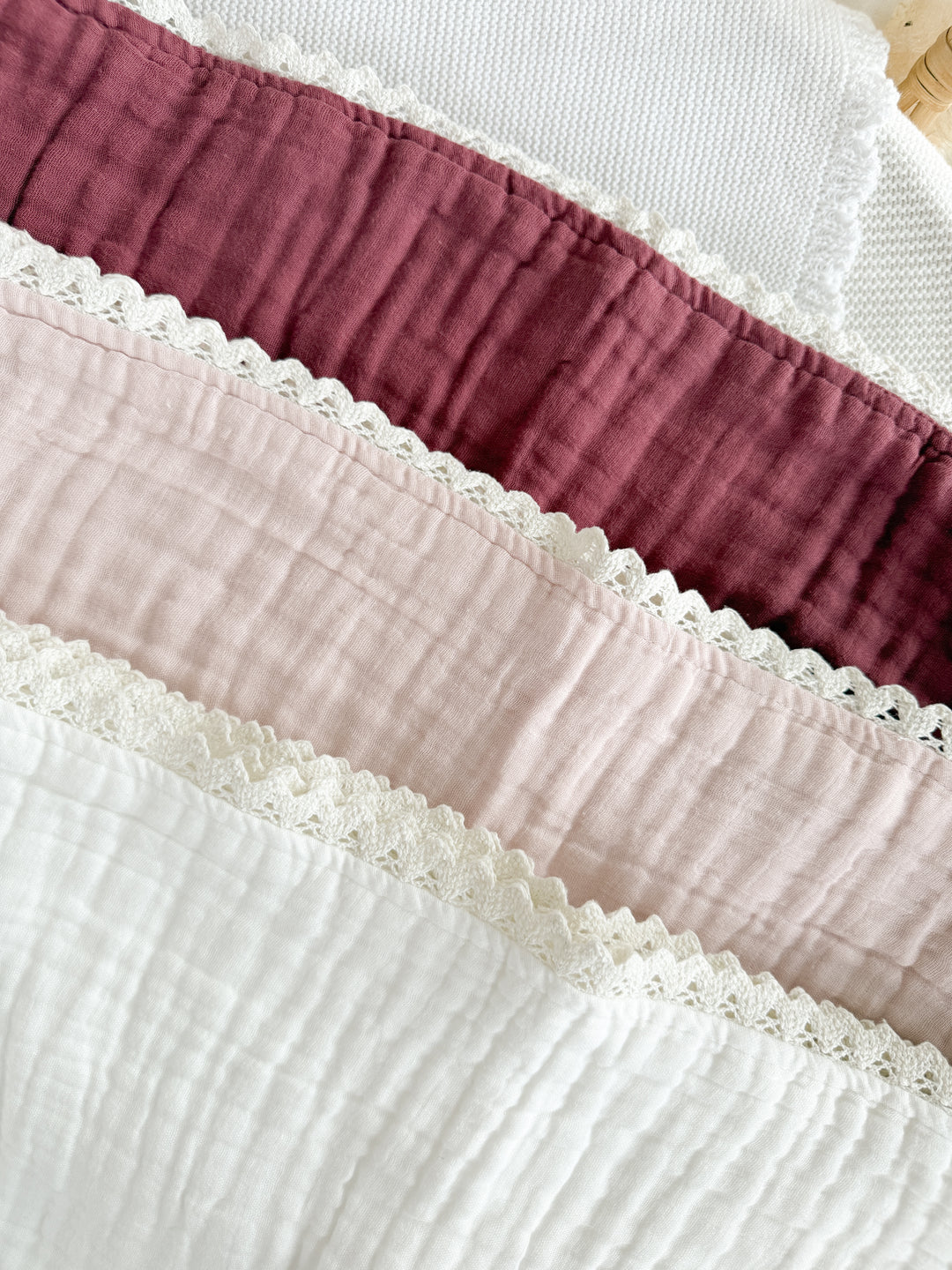 Blossom & Pear Heritage Muslin Blanket Peony Pink with Lace Trim