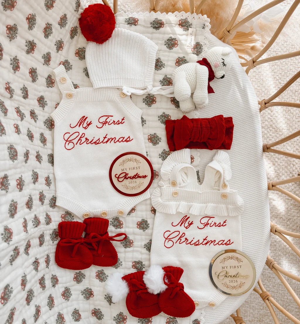 Blossom & Pear Embroidered ‘My First Christmas’ Singlet Romper Milk PRE-ORDER
