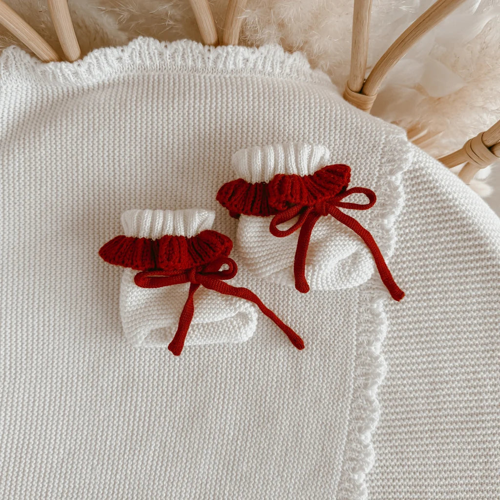 Blossom & Pear Frill Knit Booties Red & White PRE-ORDER