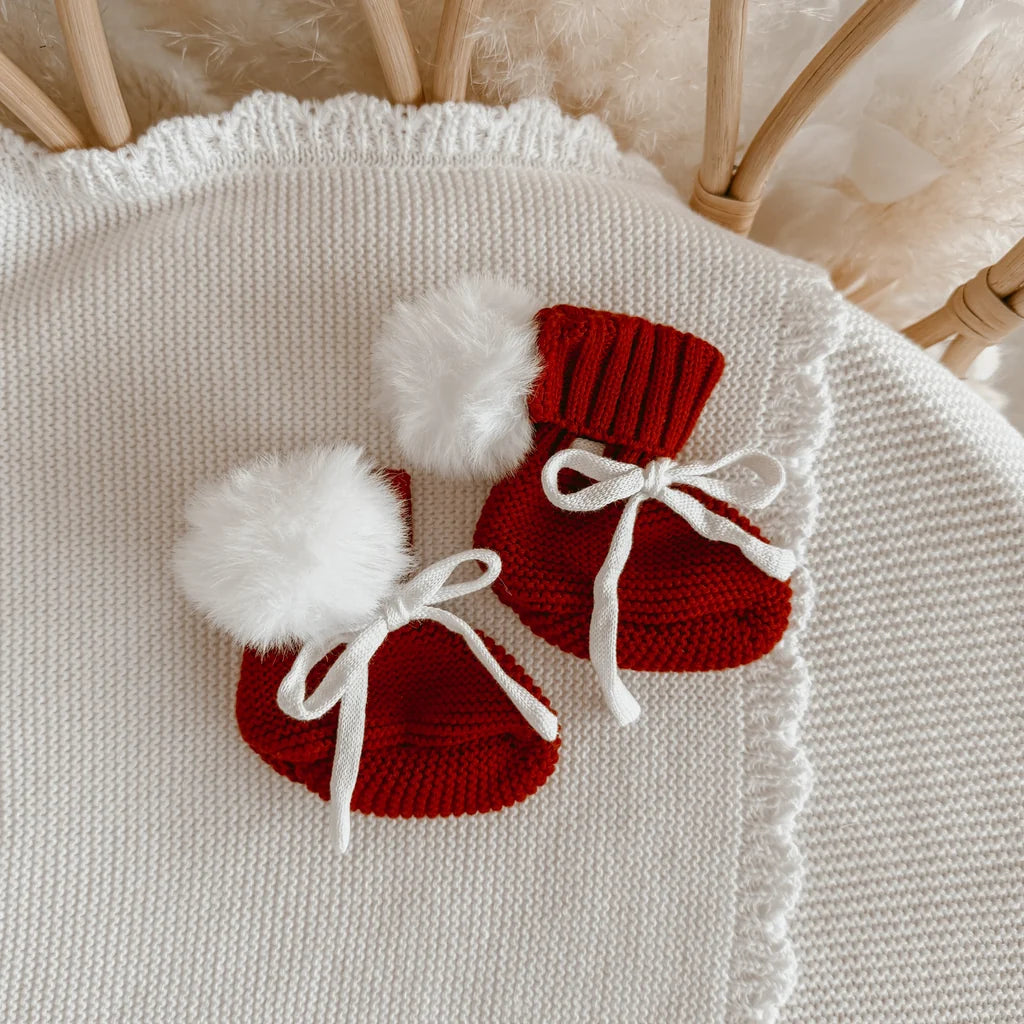 Blossom & Pear Pom Pom Knit Booties Red PRE-ORDER