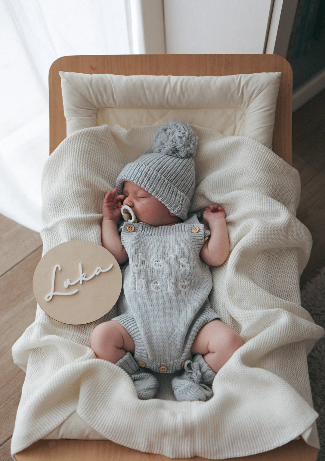 Blossom & Pear 'He’s Here' Singlet Mini Knit Romper Powder Blue