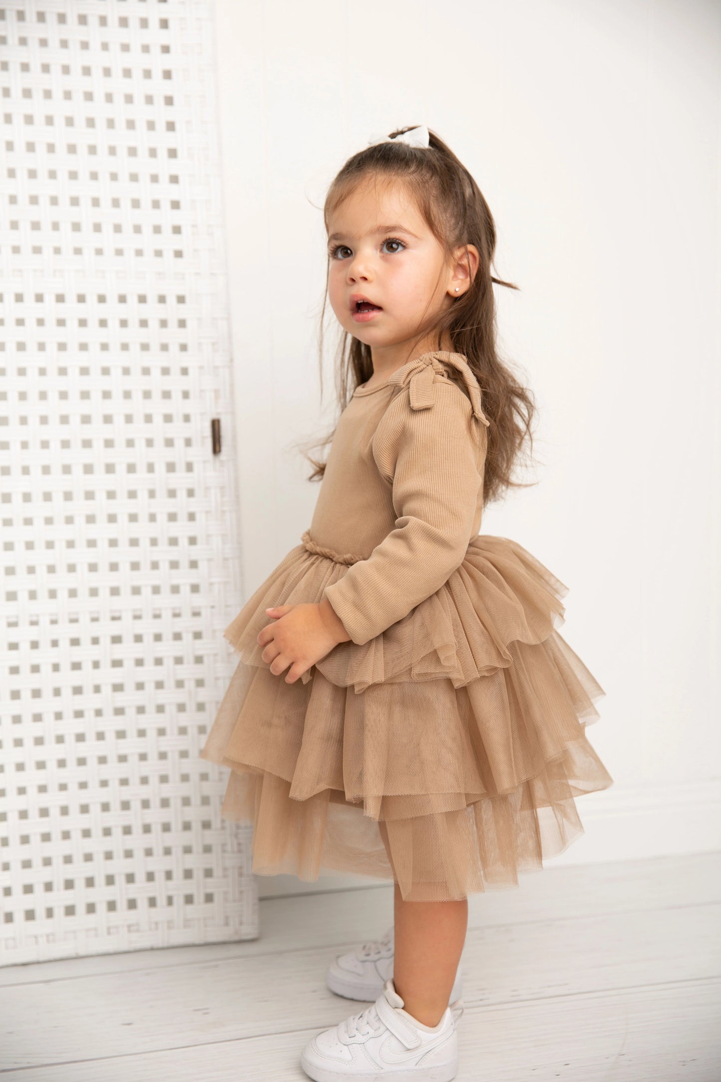 Cracked Soda Winter Ribbed Bow Fleece Tutu Dress Biscuit