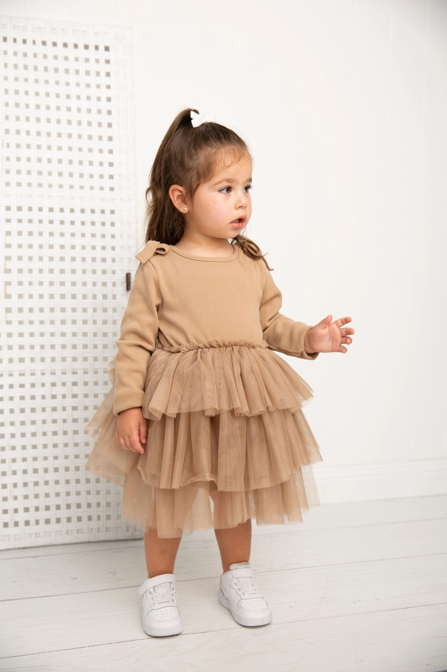 Cracked Soda Winter Ribbed Bow Fleece Tutu Dress Biscuit