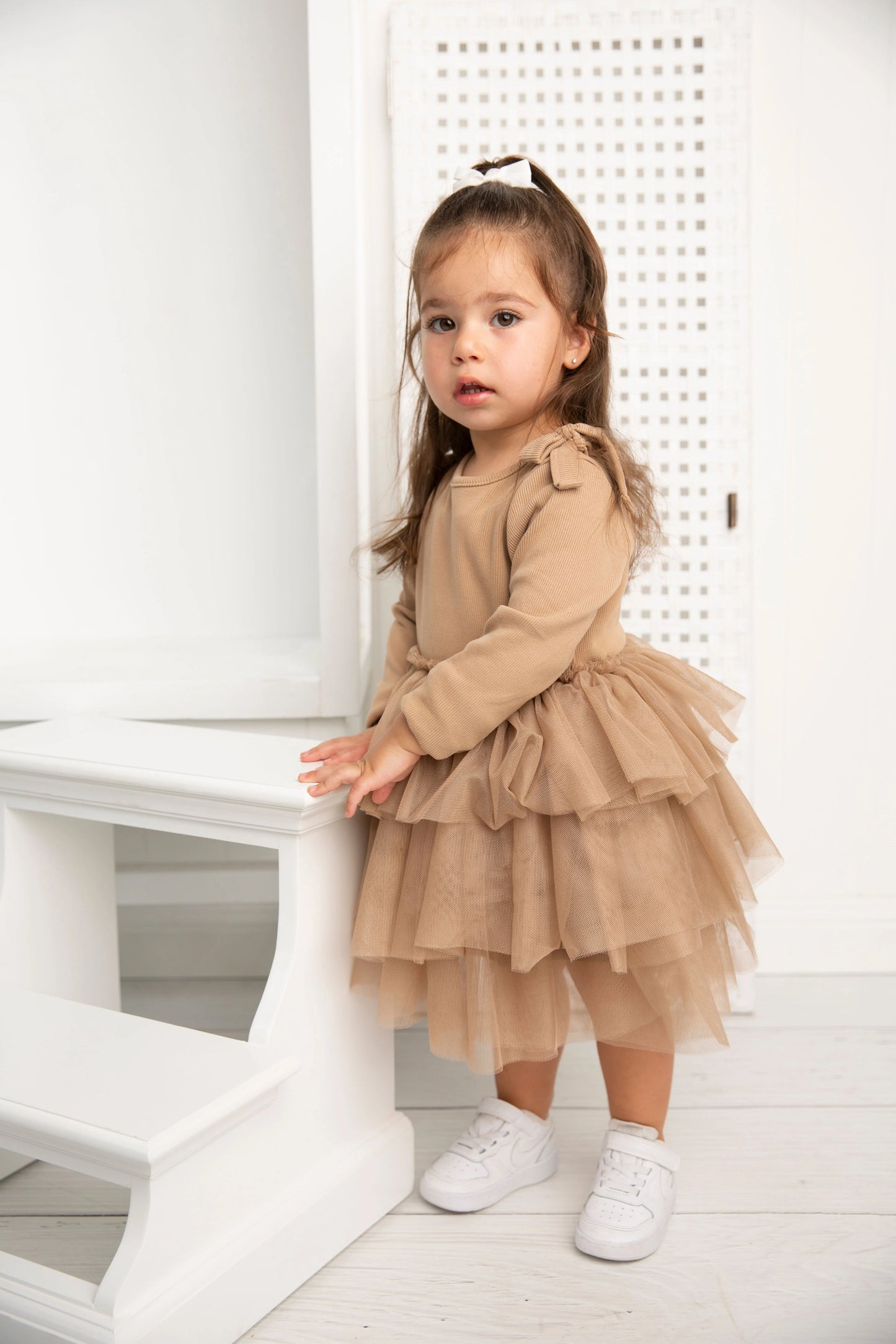 Cracked Soda Winter Ribbed Bow Fleece Tutu Dress Biscuit