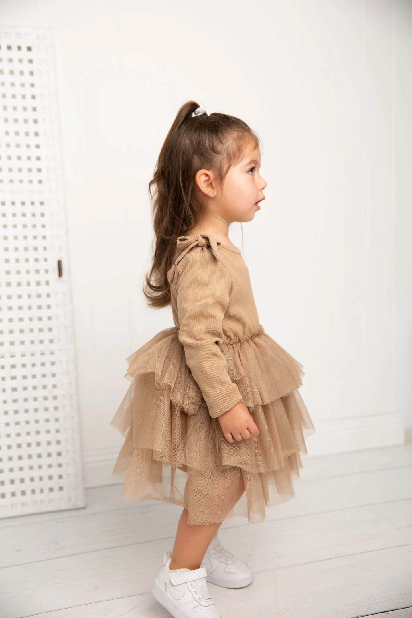 Cracked Soda Winter Ribbed Bow Fleece Tutu Dress Biscuit