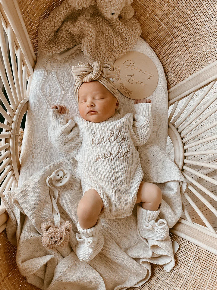 Blossom & Pear 'Hello World' Chunky Knit Romper Honey