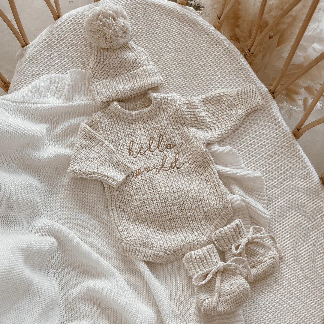 Blossom & Pear 'Hello World' Chunky Knit Romper Honey