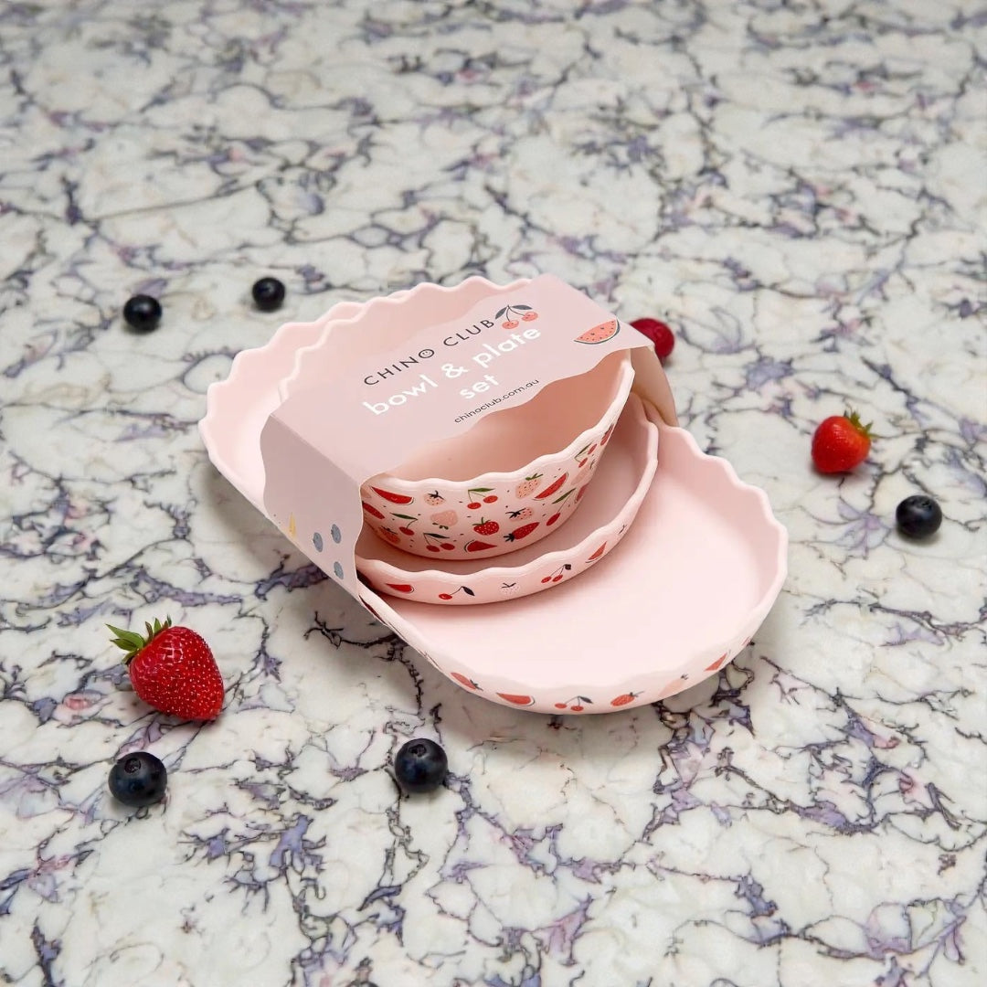 Chino Club Pink Fruits Silicone Bowl & Plate 3 Piece Set