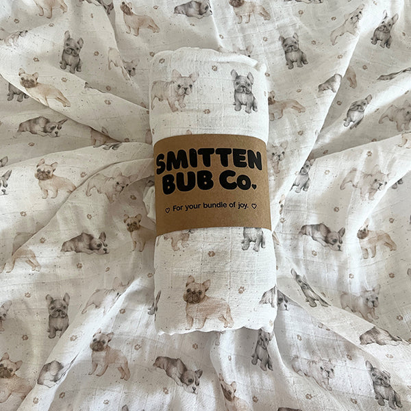Smitten Bub Co. French Bulldog Bamboo Cotton Muslin Wrap