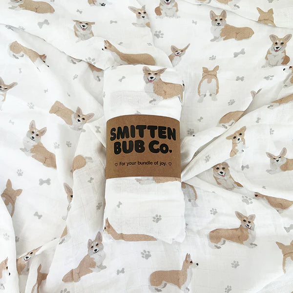 Smitten Bub Co. Corgi Bamboo Cotton Muslin Wrap