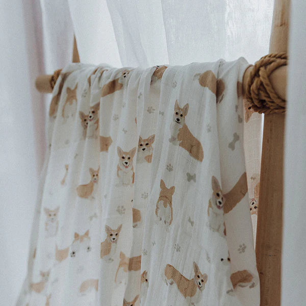 Smitten Bub Co. Corgi Bamboo Cotton Muslin Wrap