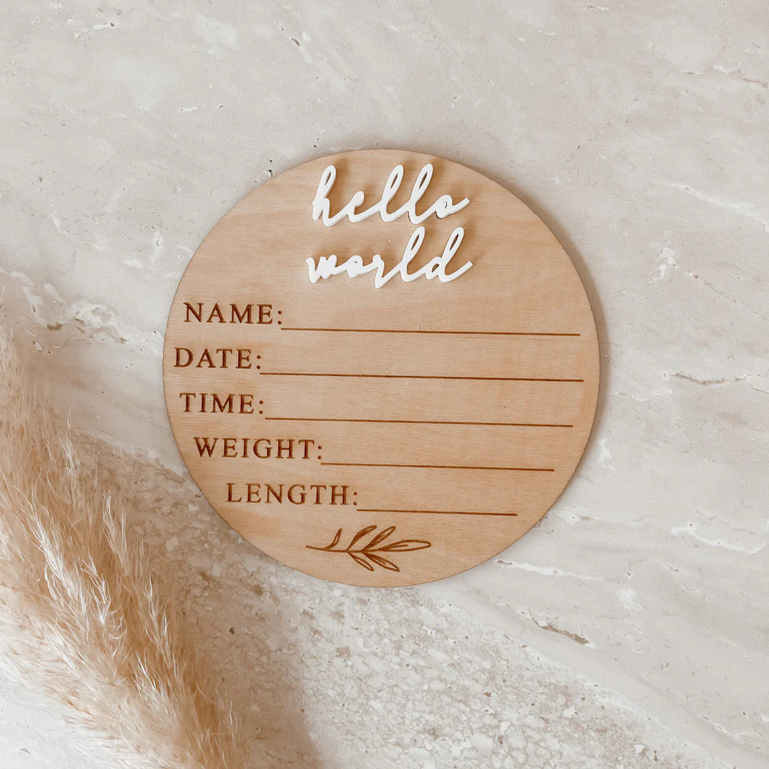 Blossom & Pear 'Hello World' + Birth Details Wooden Acrylic Plaque
