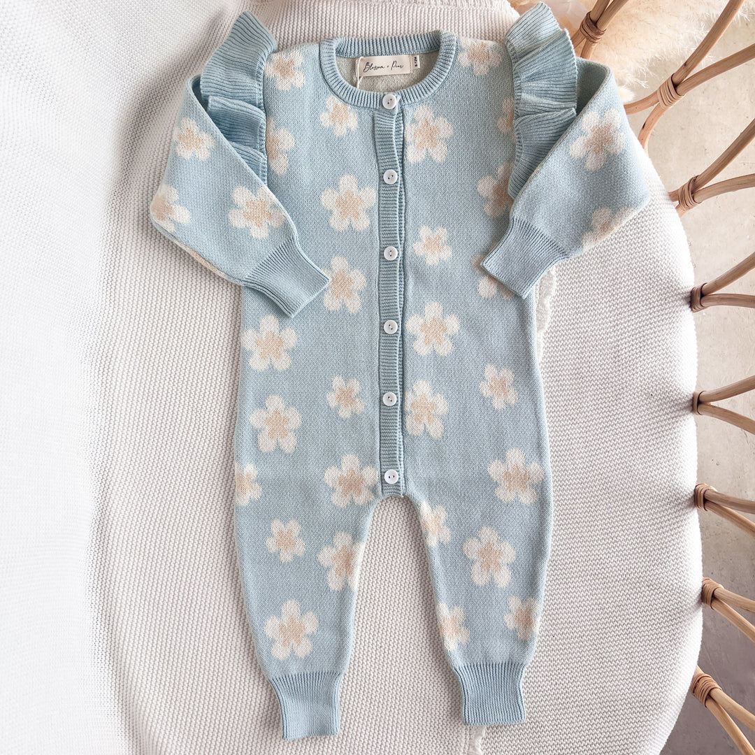 Blossom & Pear Blue Daisy Long Sleeve Knit Romper