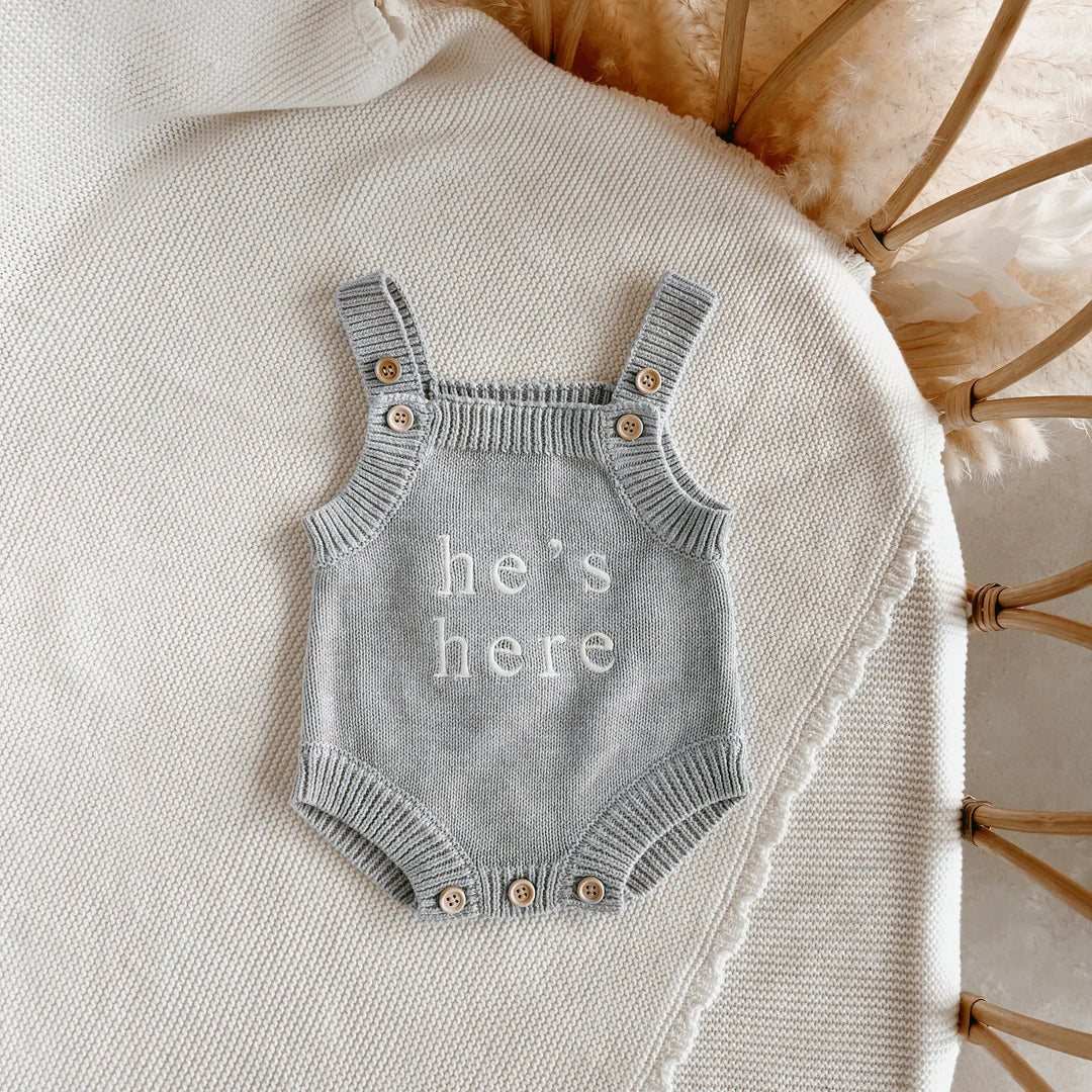 Blossom & Pear 'He’s Here' Singlet Mini Knit Romper Powder Blue