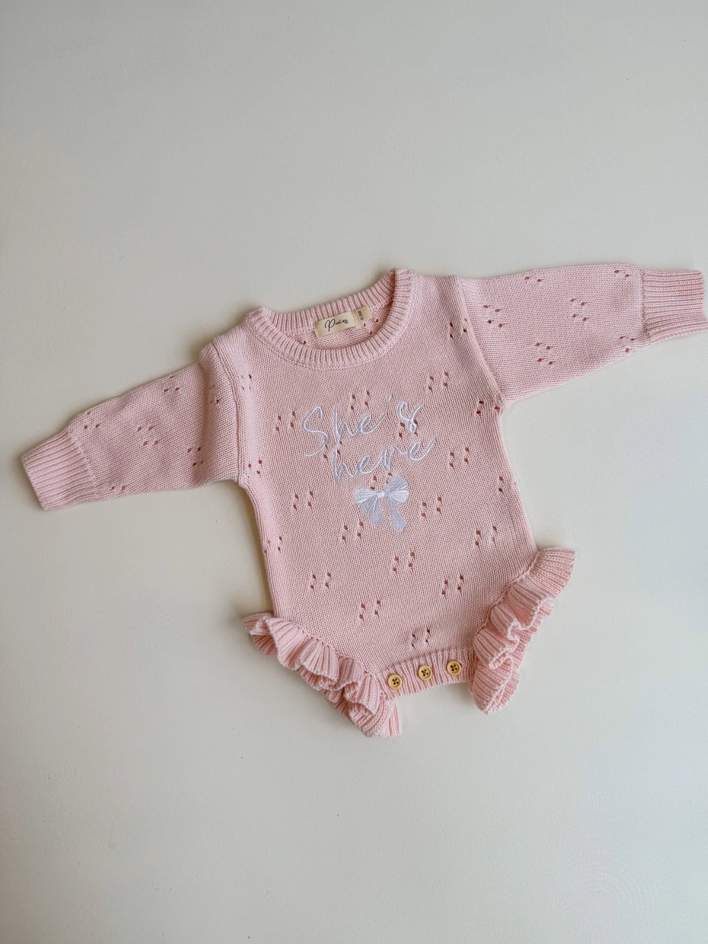 Petite + Co ‘She’s Here’ Pointelle Frill Romper Baby Pink