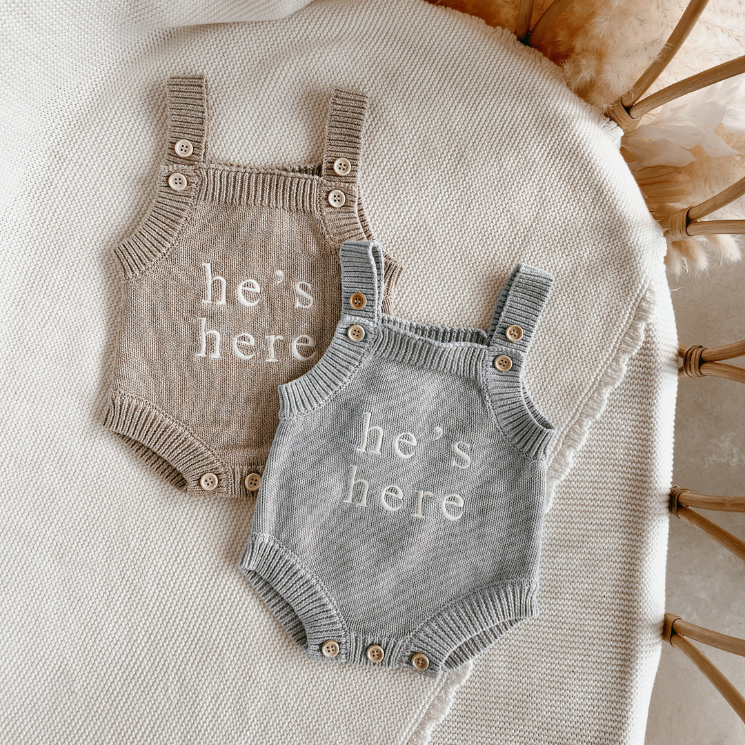 Blossom & Pear 'He’s Here' Singlet Mini Knit Romper Fawn