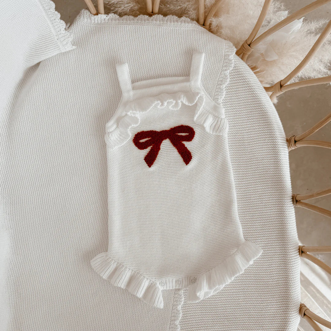 Blossom & Pear Red Bow Singlet Frill Knit Romper