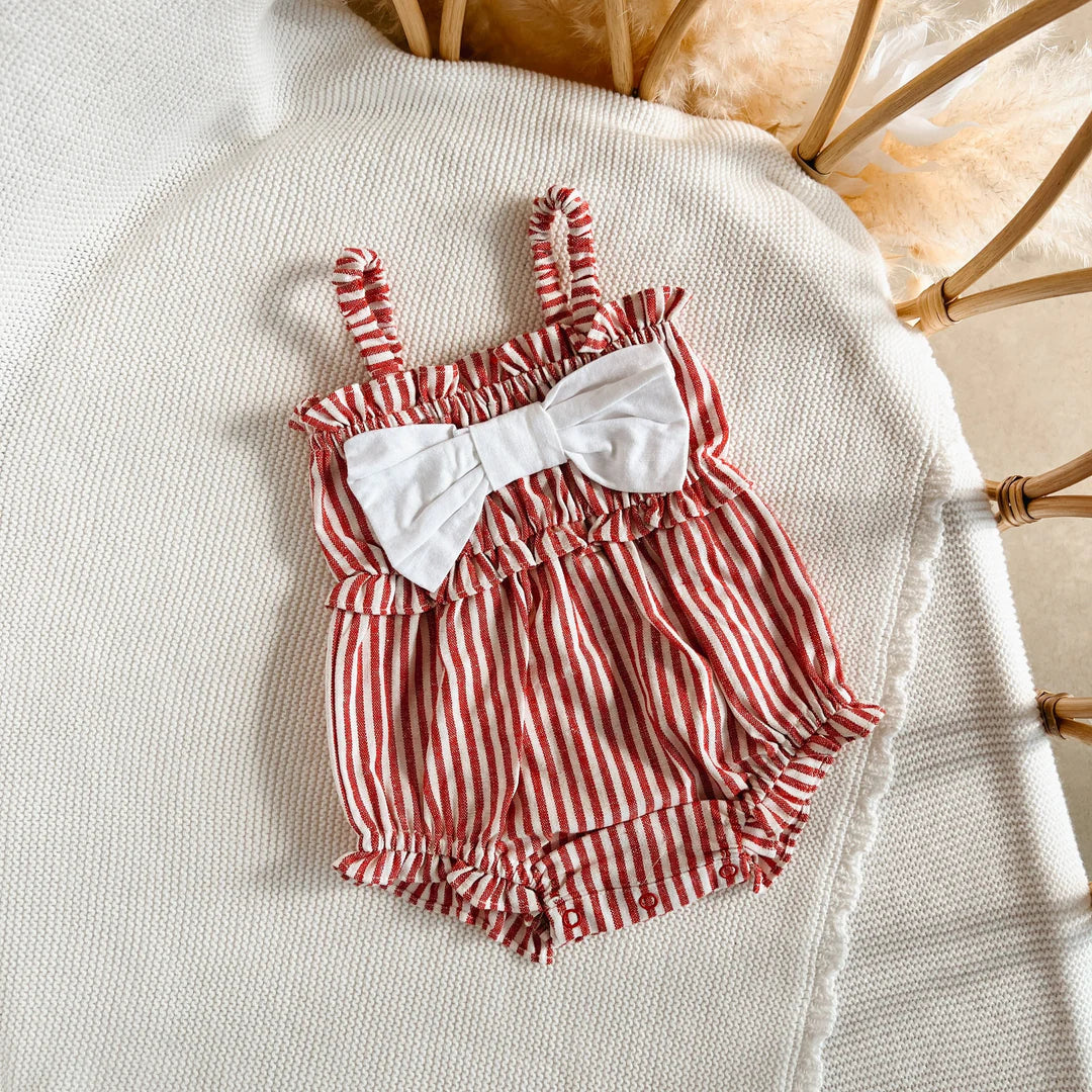 Blossom & Pear Candy Stripe Bow Romper Red