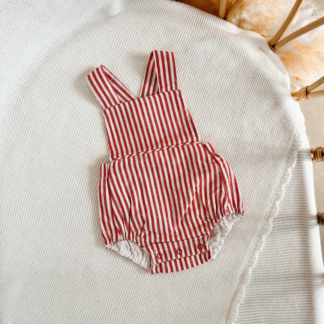 Blossom & Pear Candy Stripe Cross Back Romper Red