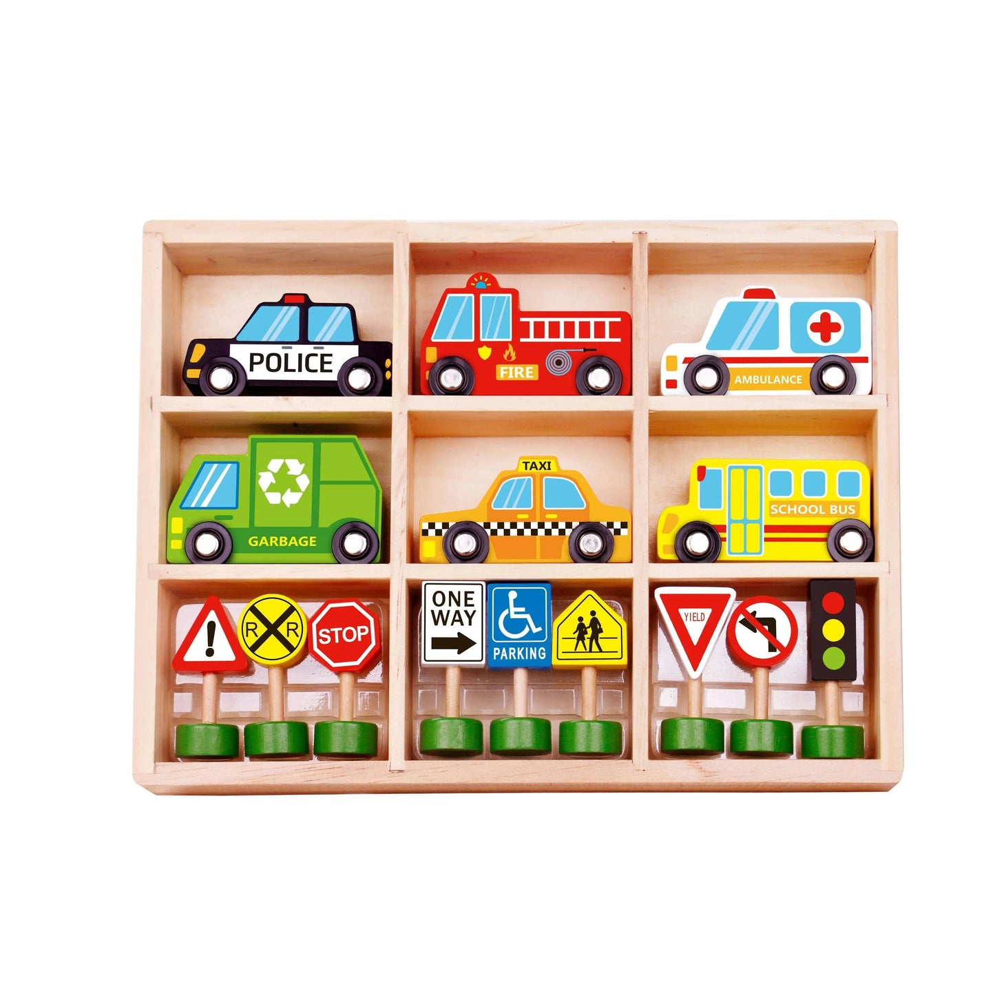 Tooky Toy Wooden Transportation Vehicles & Street Signs Set in Case