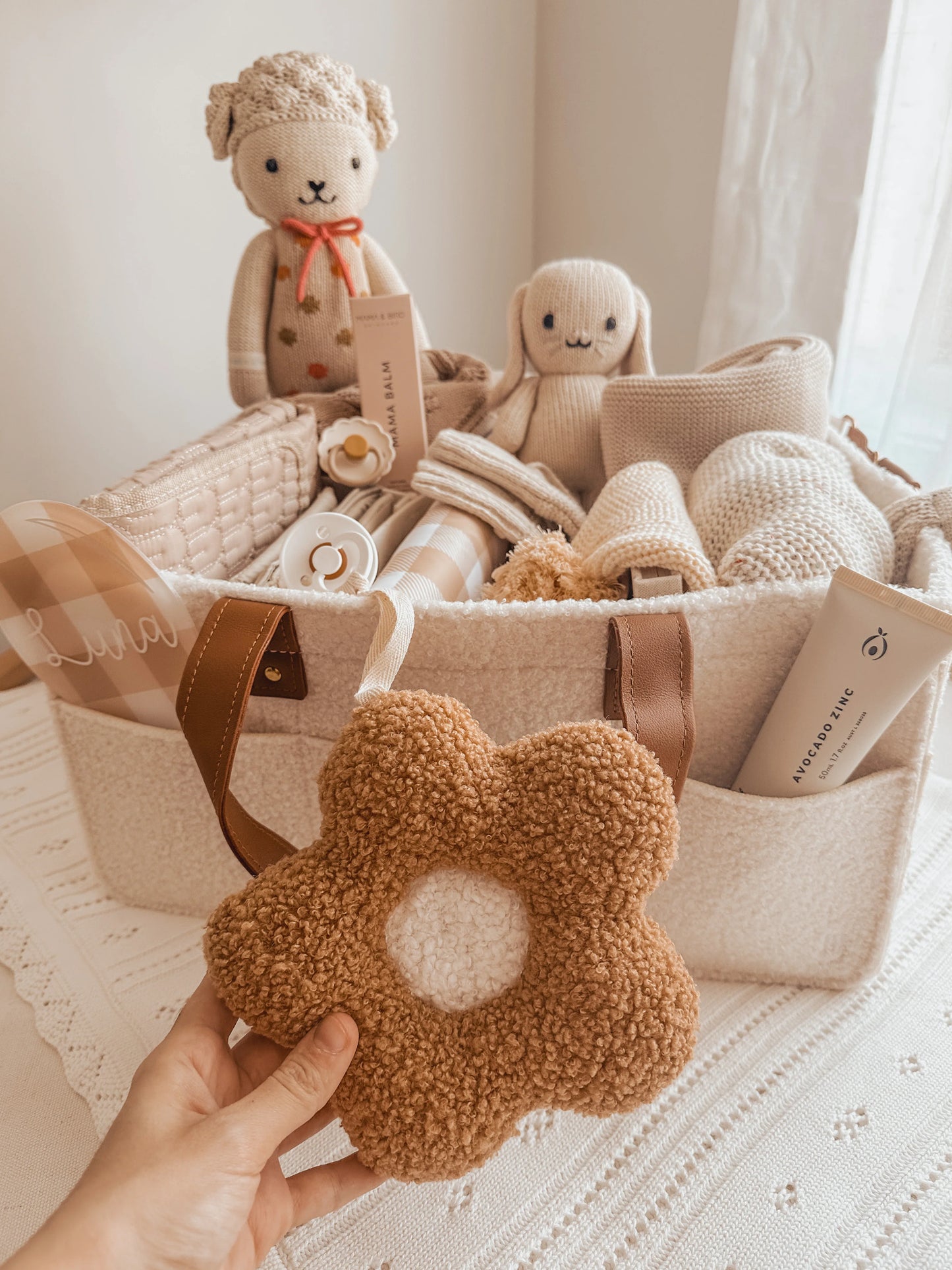 By Lulu The Label Caramel Daisy Pacifier Holder
