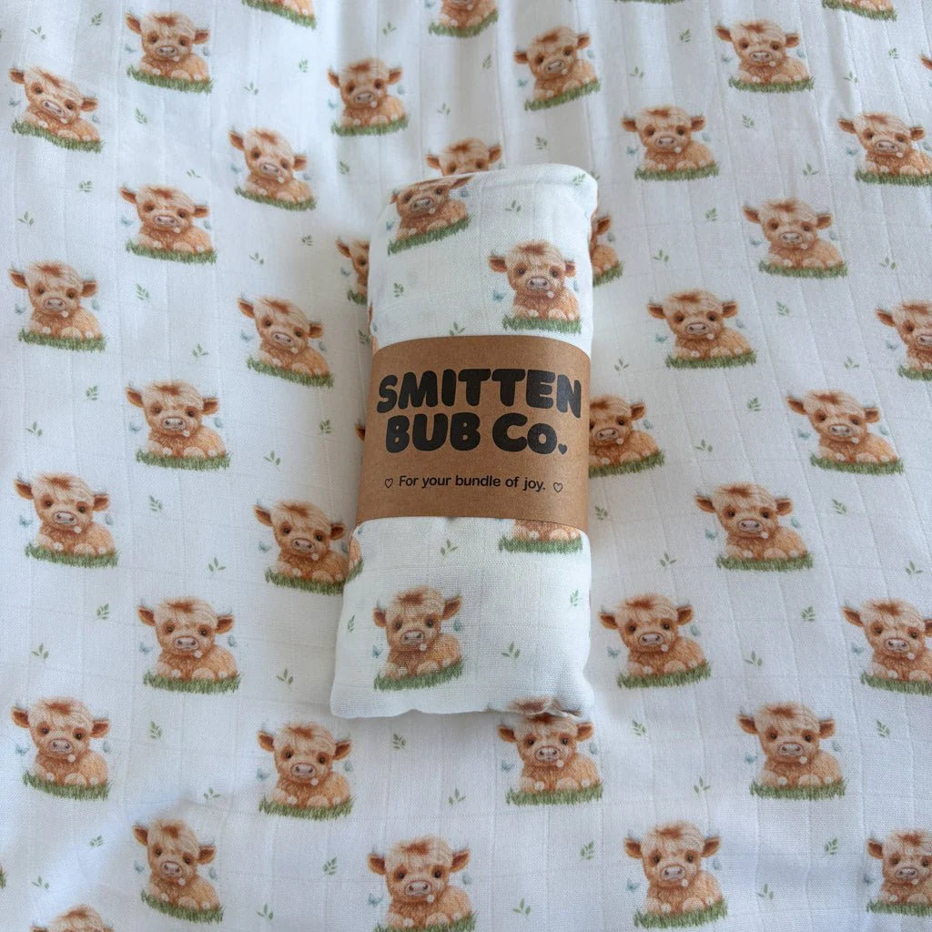 Smitten Bub Co Highland Cow Bamboo Cotton Muslin Swaddle