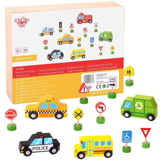 Tooky Toy Wooden Transportation & Street Signs Set