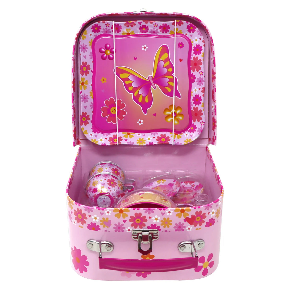 Pink Poppy Butterfly Vacation 7 Piece Tin Tea Set in Carry Case