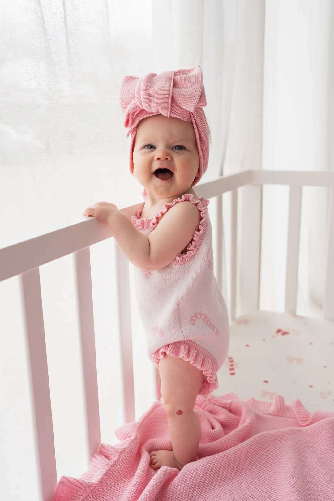 Little & Fern Pink Candy Canes Knit Singlet Romper PRE-ORDER