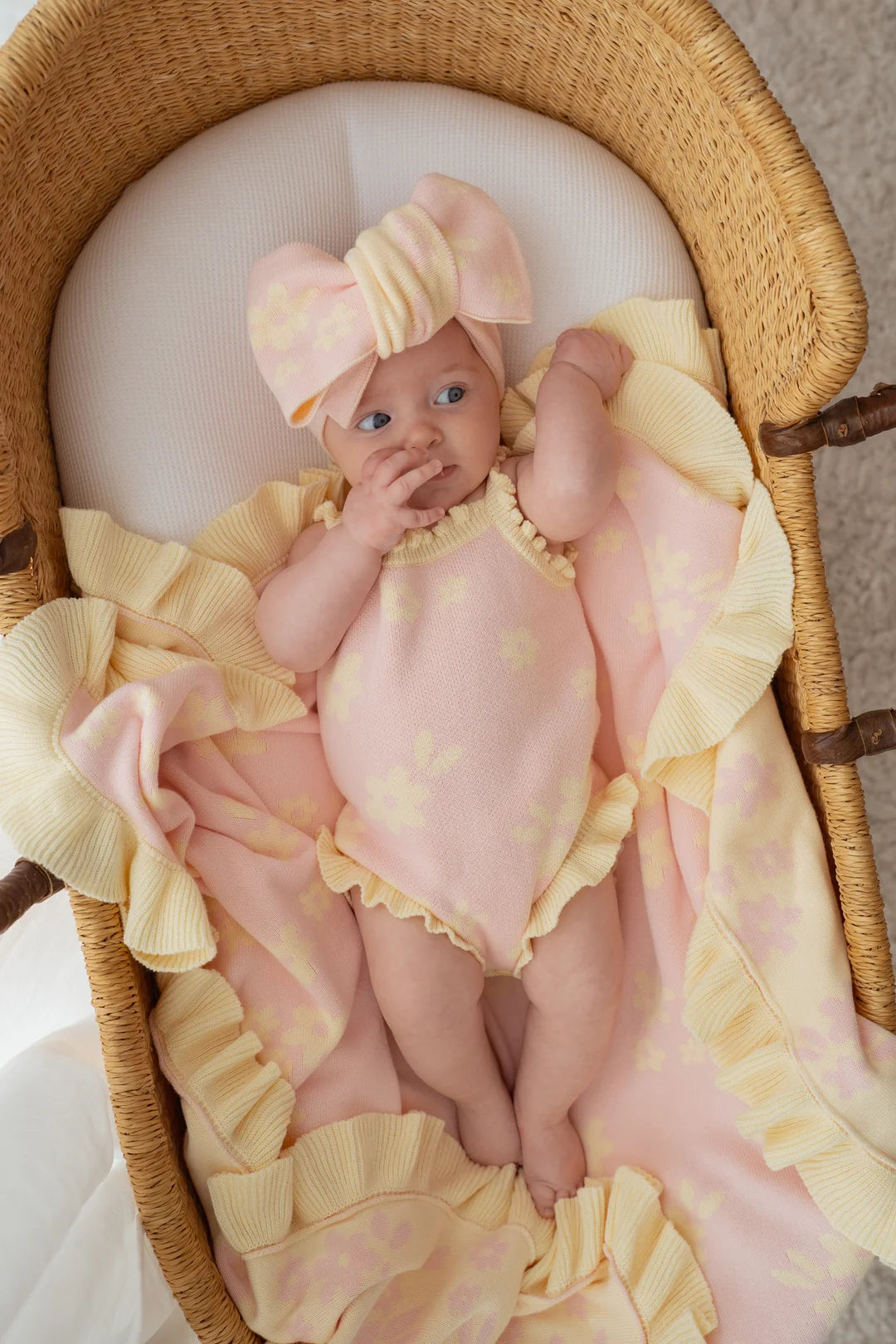 Little & Fern Knit Singlet Romper Daisy Floral Lemon