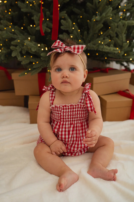 Little & Fern Tie Bubble Romper Red Gingham PRE-ORDER