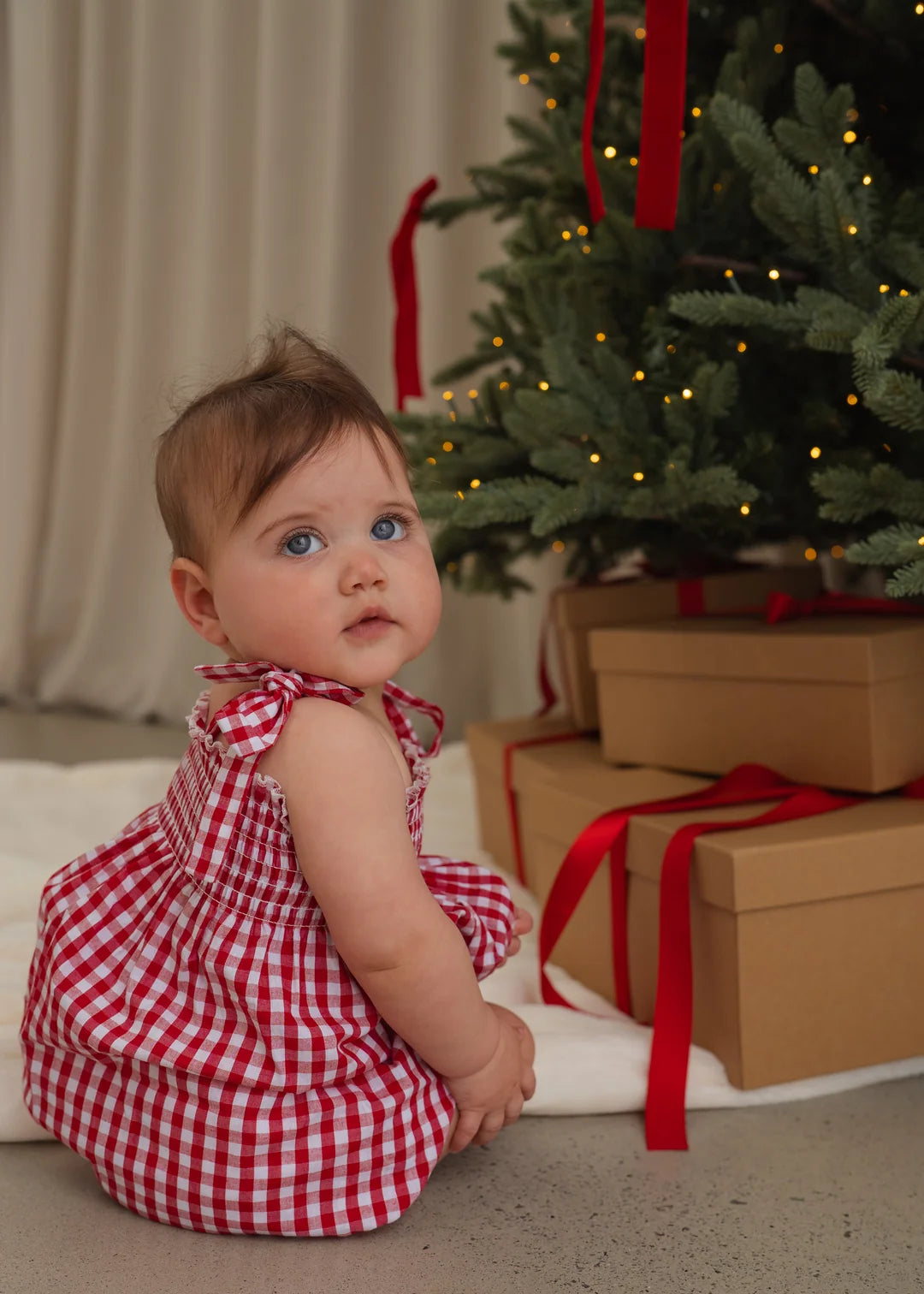 Little & Fern Tie Bubble Romper Red Gingham PRE-ORDER