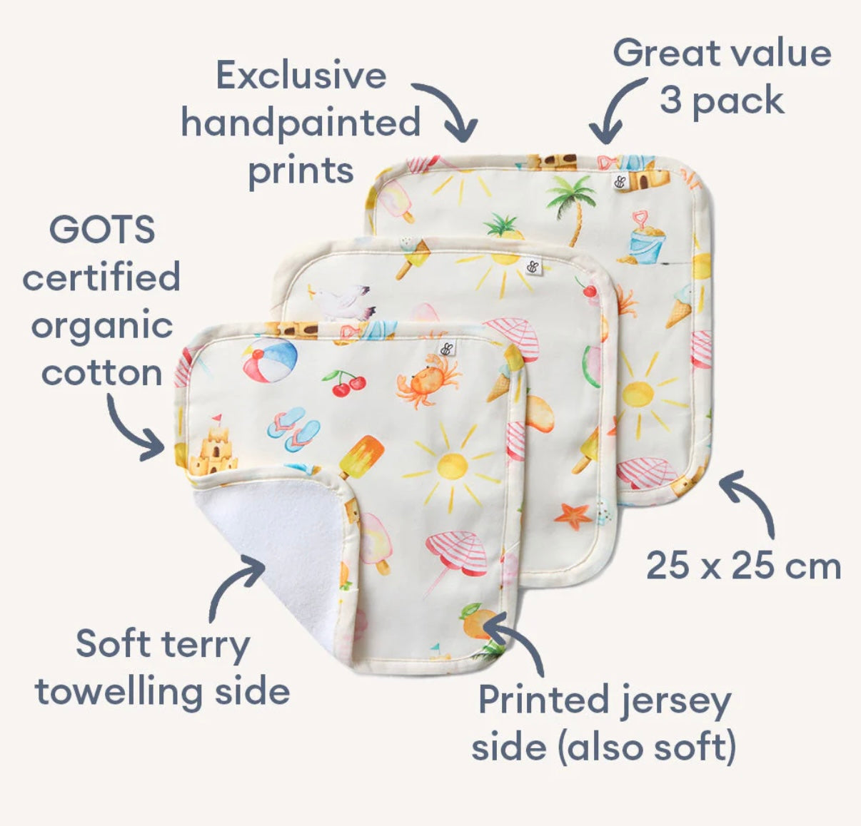 Snuggle Hunny Beach Fun Wash Cloths 3 Pack