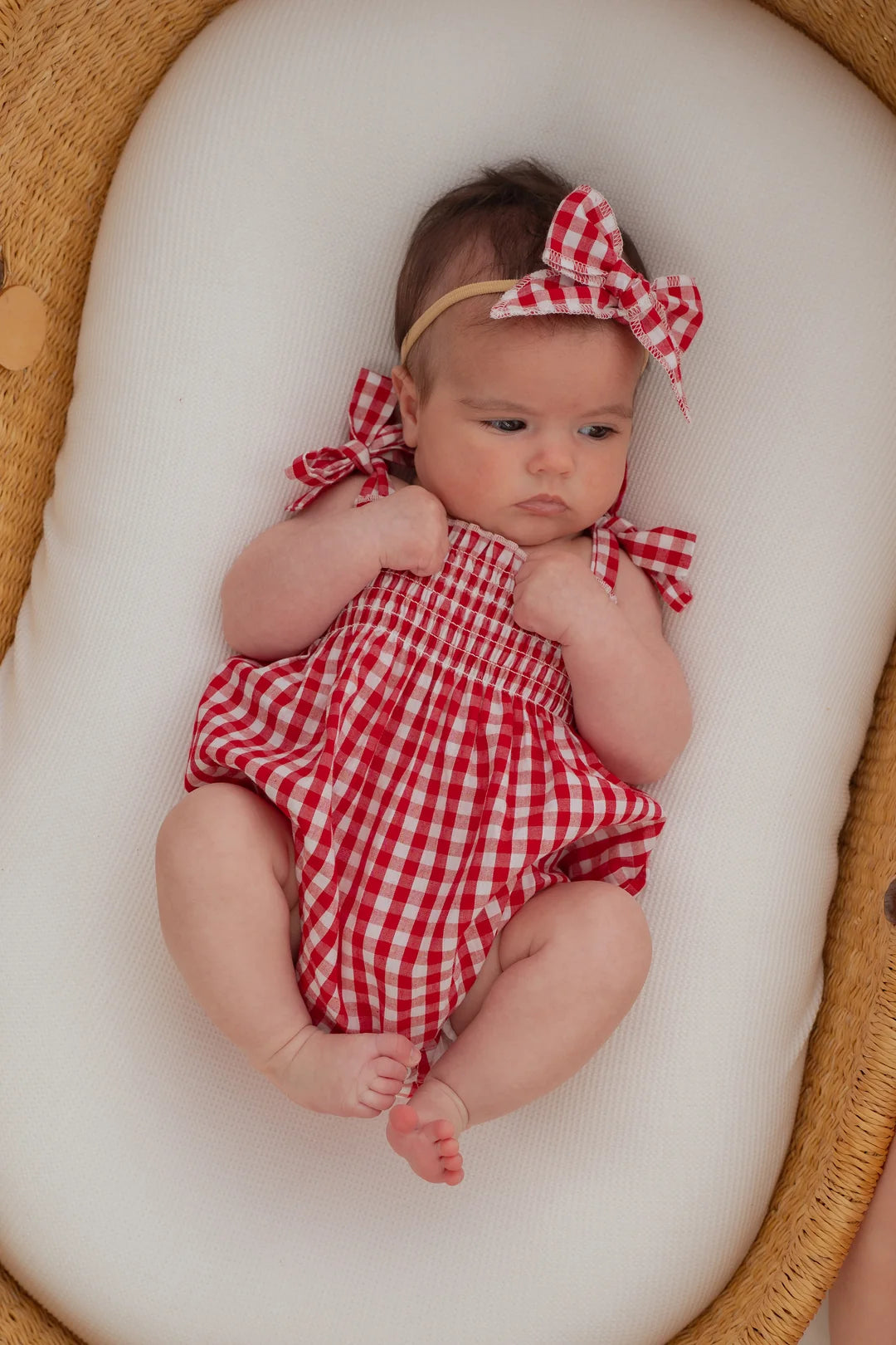 Little & Fern Tie Bubble Romper Red Gingham PRE-ORDER