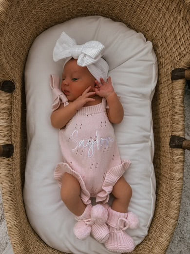 Petite + Co Pointelle Frill Tie Romper Baby Pink