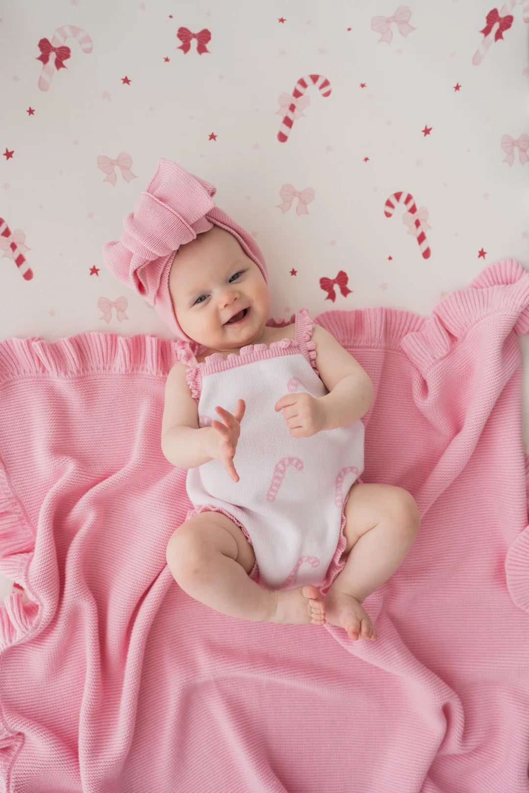 Little & Fern Pink Candy Canes Knit Singlet Romper PRE-ORDER