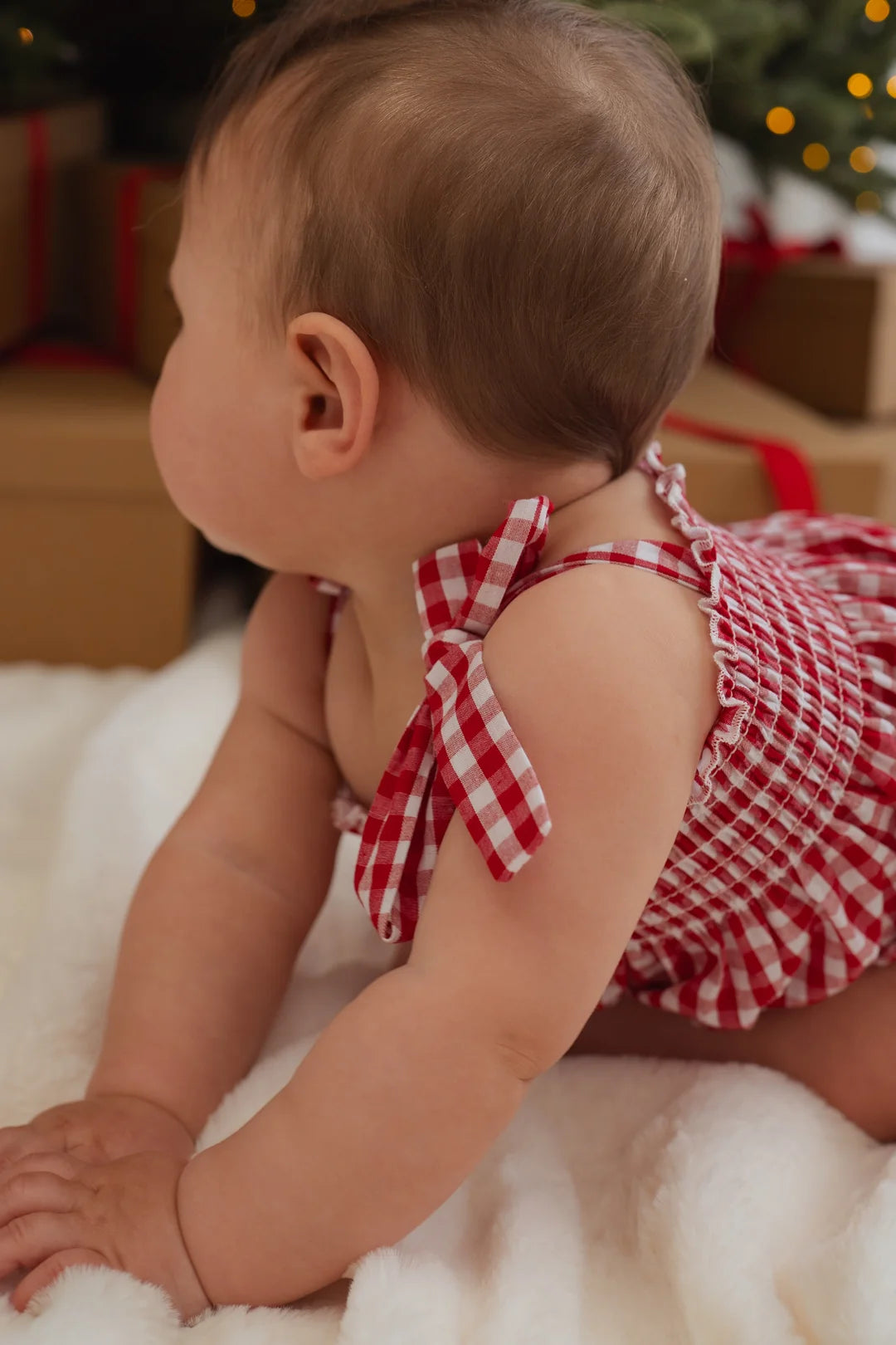 Little & Fern Tie Bubble Romper Red Gingham PRE-ORDER
