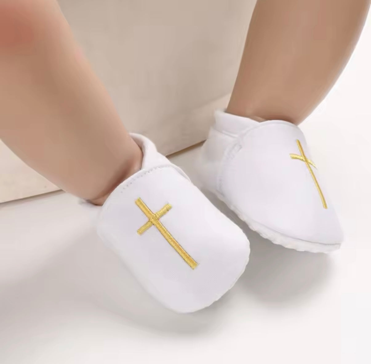 White Christening Baptism Shoes Slip On Gold Cross