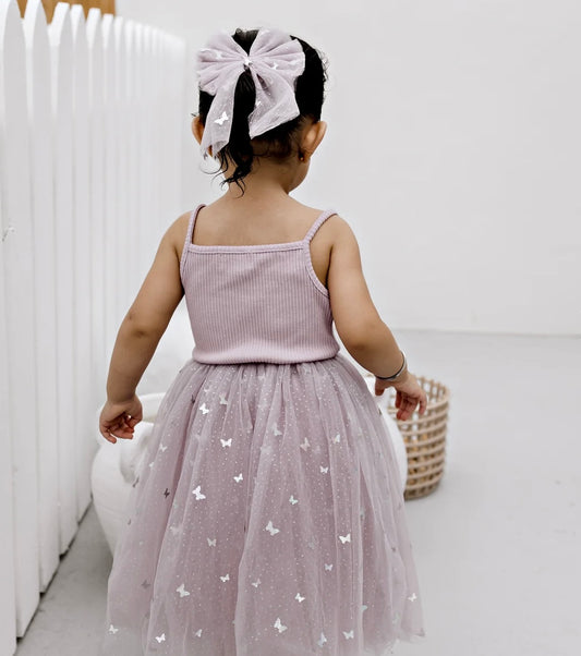Confetti Kidz Ribbed Tulle Dress Mauve Butterflies