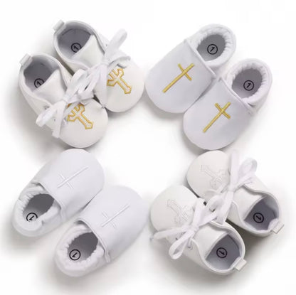 White Christening Baptism Shoes Gold Cross