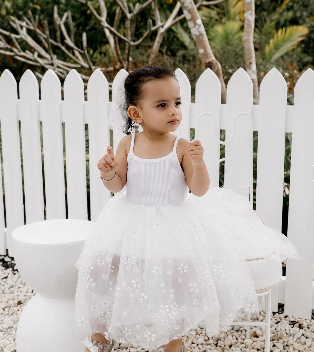 Confetti Kidz Ribbed Tulle Dress White Golden Daisies