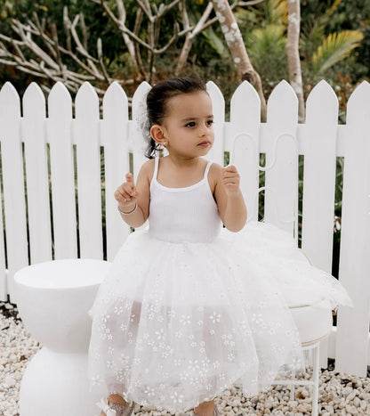 Confetti Kidz Ribbed Tulle Dress White Golden Daisies